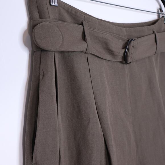 AKRIS PUNTO Fiorella Belted Pants Dark Olive Cropped Wide-Leg Linen Women's 16 - Picture 6 of 10